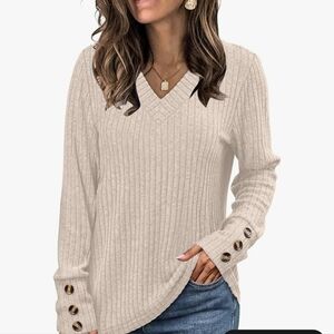 Elegant Beige V-Neck Sweater with Button Accents